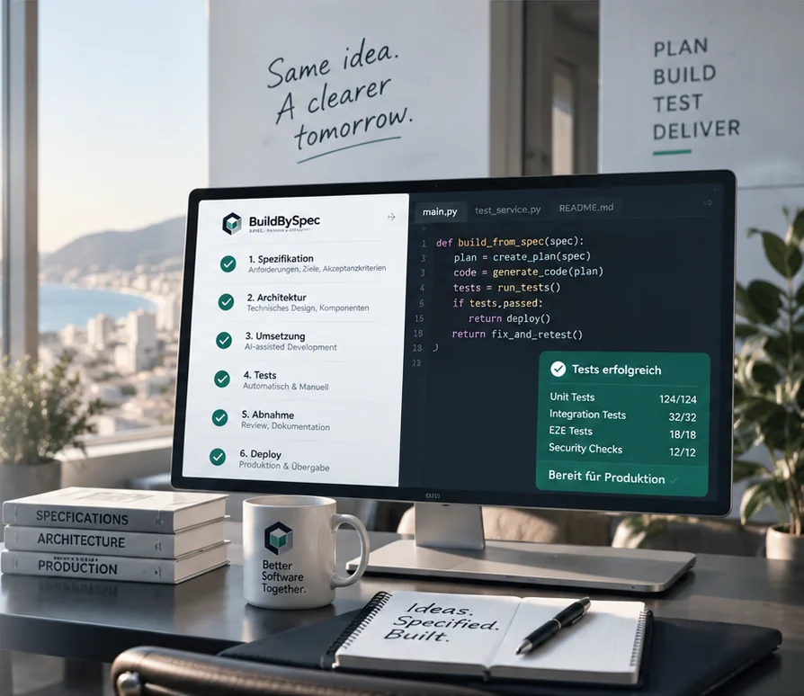 Arbeitsplatz mit einer Darstellung des BuildBySpec-Ablaufs von Spezifikation und Architektur bis zu Tests und Veröffentlichung