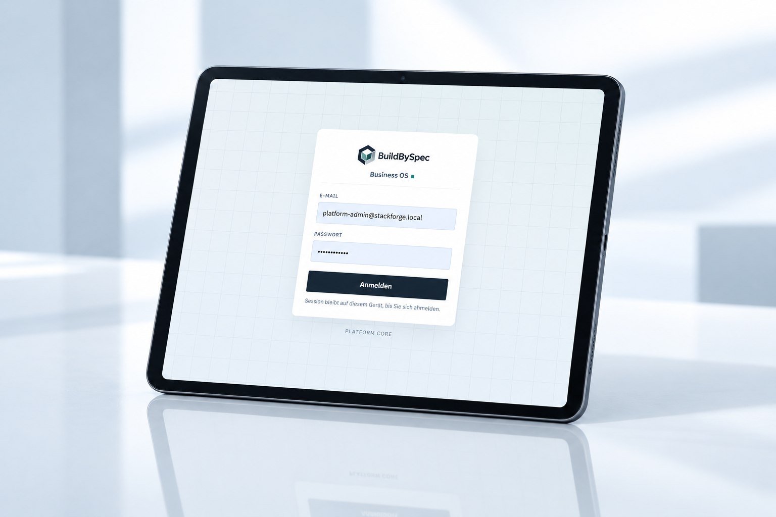 Tablet mit der Anmeldung des BuildBySpec Business OS