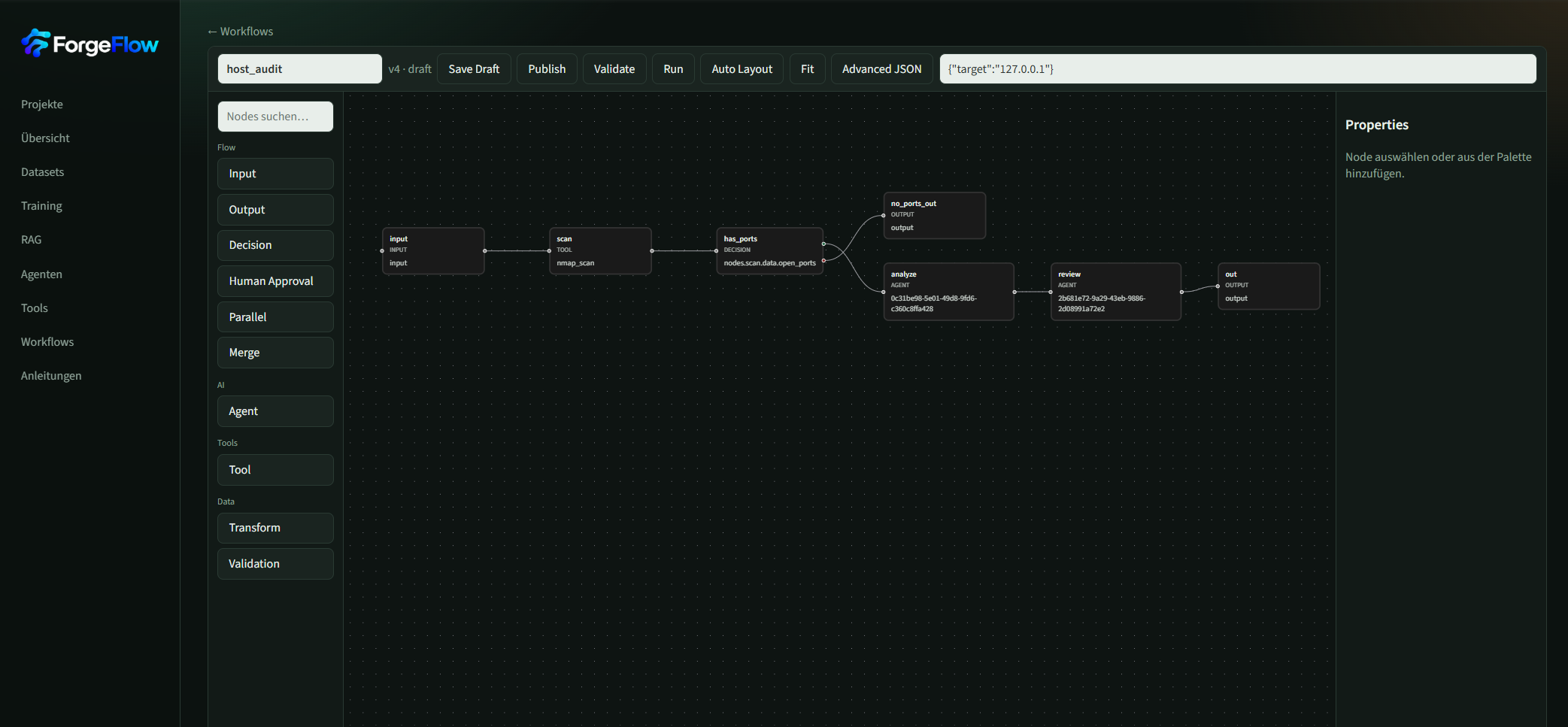 ForgeFlow Workflow-Designer mit Eingabe, Werkzeugaufruf, Entscheidung, zwei KI-Agenten und Ausgabe