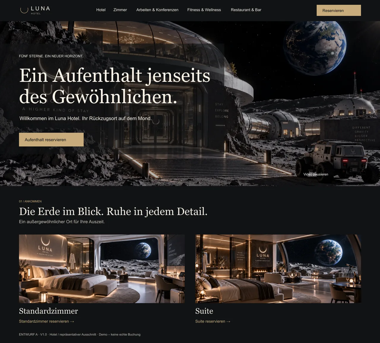Designreferenz Obsidian und Champagne mit dunkler Luna-Hotel-Startseite, Video-Hero und zwei Zimmermotiven